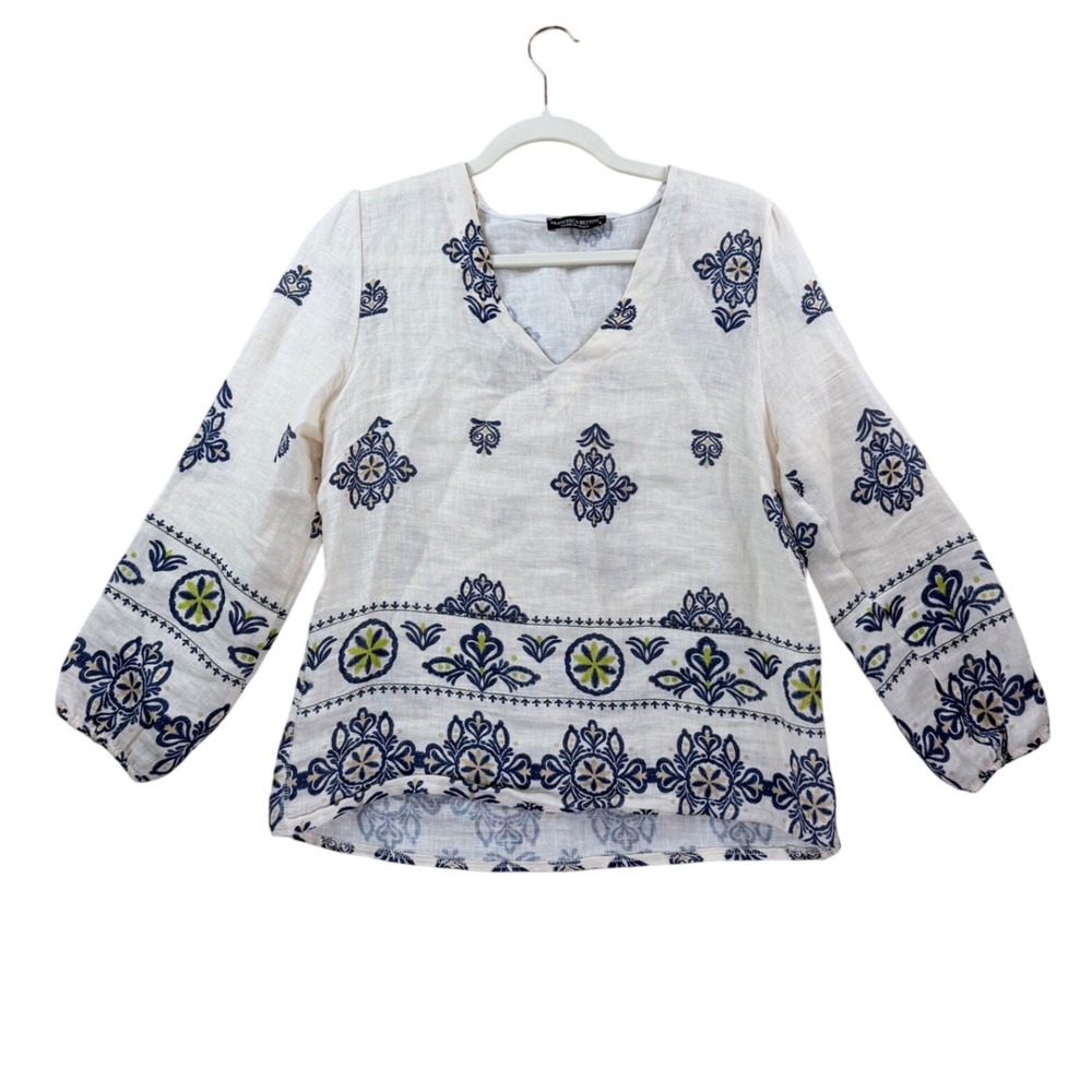 Francesca Bettini Linen Blouse Womens Small Cream Blue Tile Print Italy 23C1086